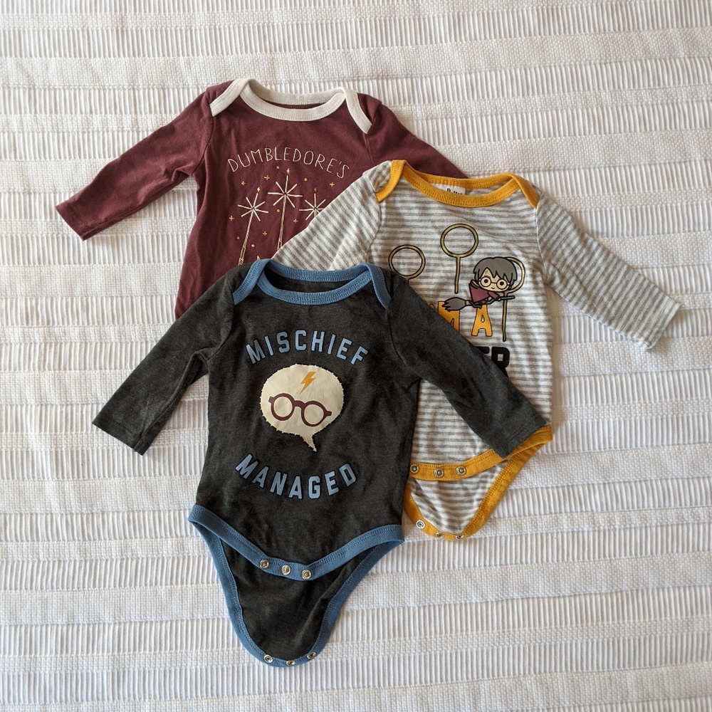 Harry Potter 3pk Long Sleeve Bodysuits, 0-3mo